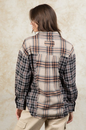 Oversized Contrast Flannel Plaid Shirt Top