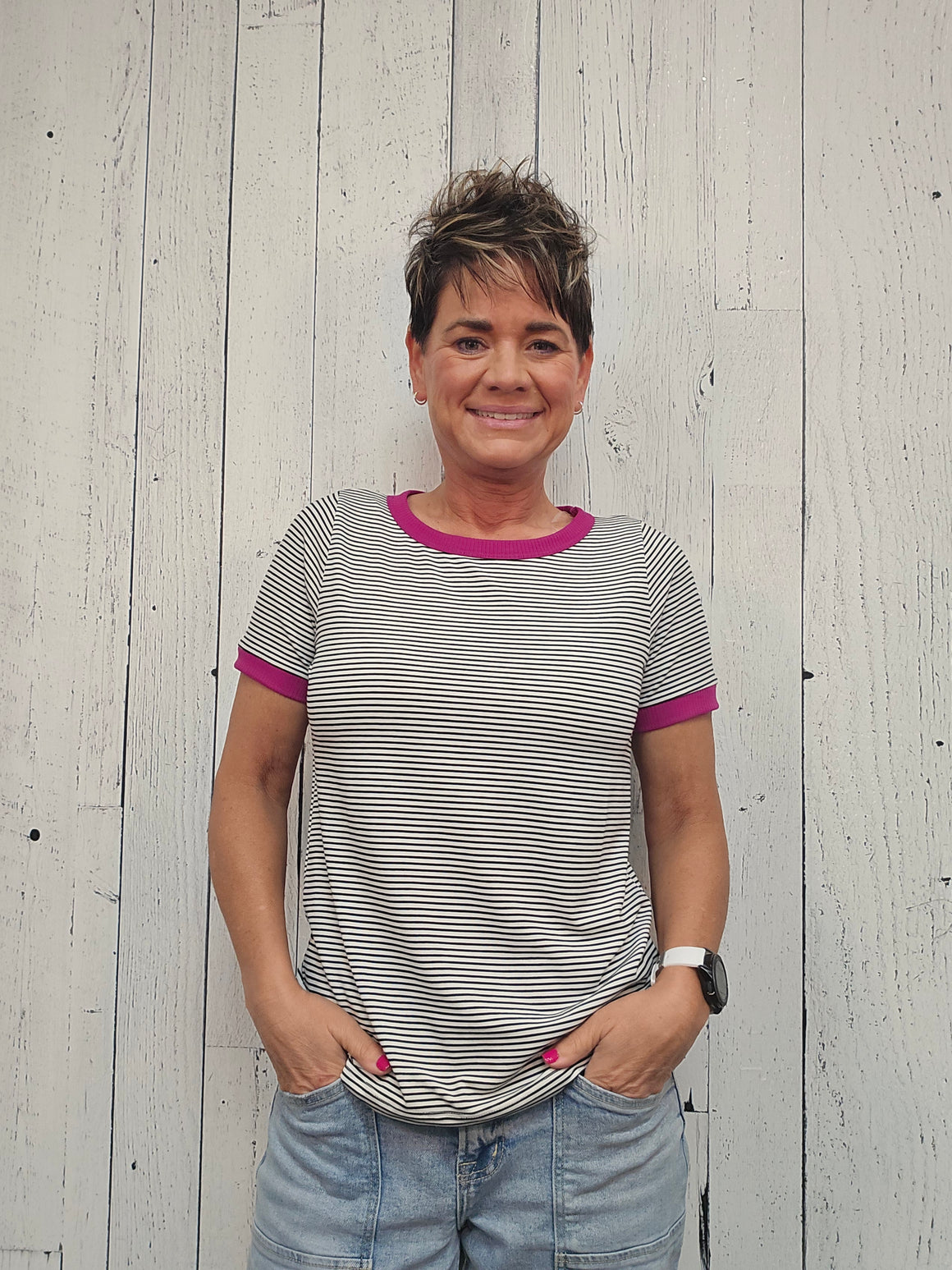 PINSTRIPED CREW NECK TOP