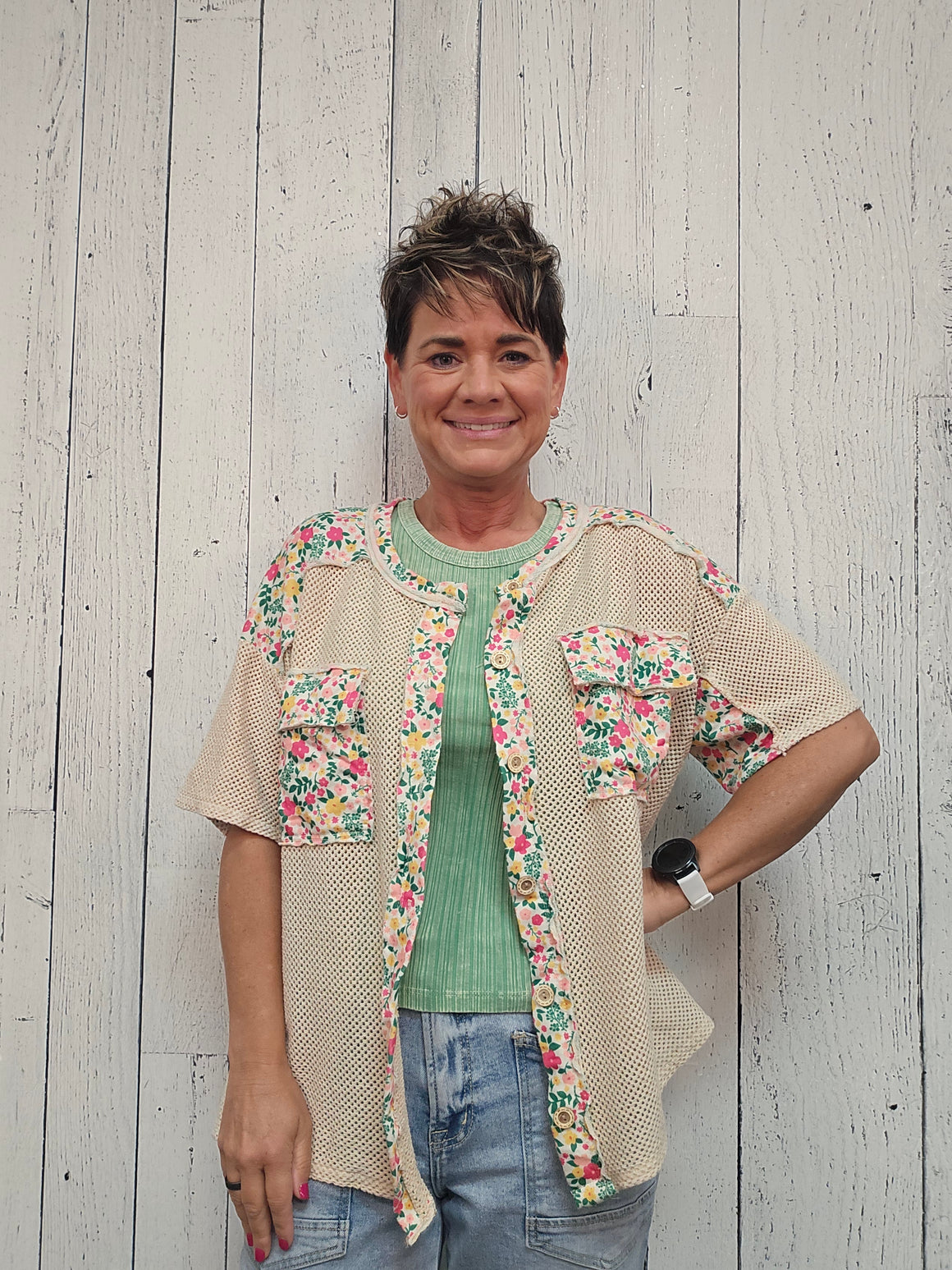 Mineral Wash Floral print trim Mesh Spring Cardigan