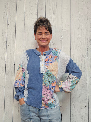 Mineral Washed Floral Wave Knit Jacquard Boho top