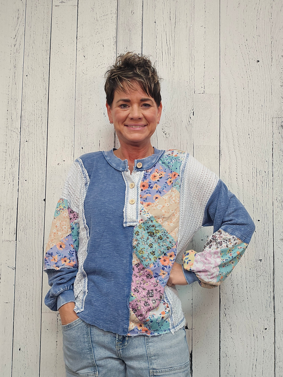 Mineral Washed Floral Wave Knit Jacquard Boho top