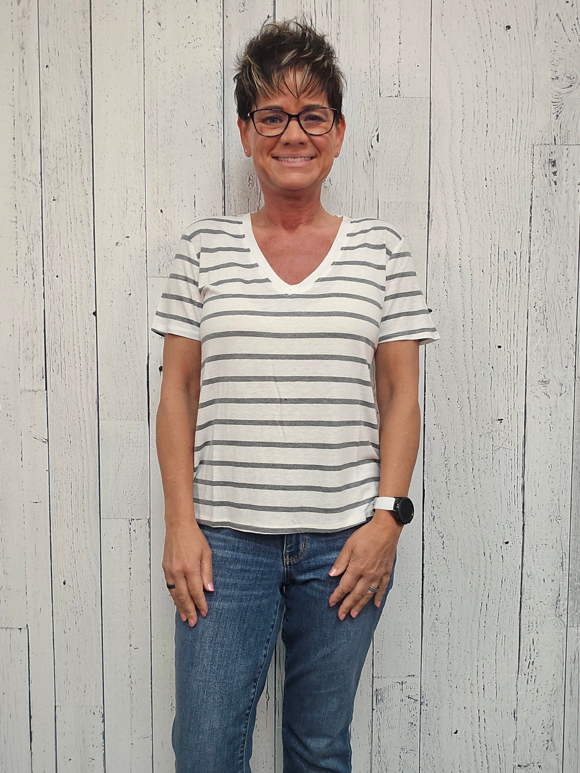 RELAXED FIT STRIPED COTTON LINEN BLEND T-SHIRT