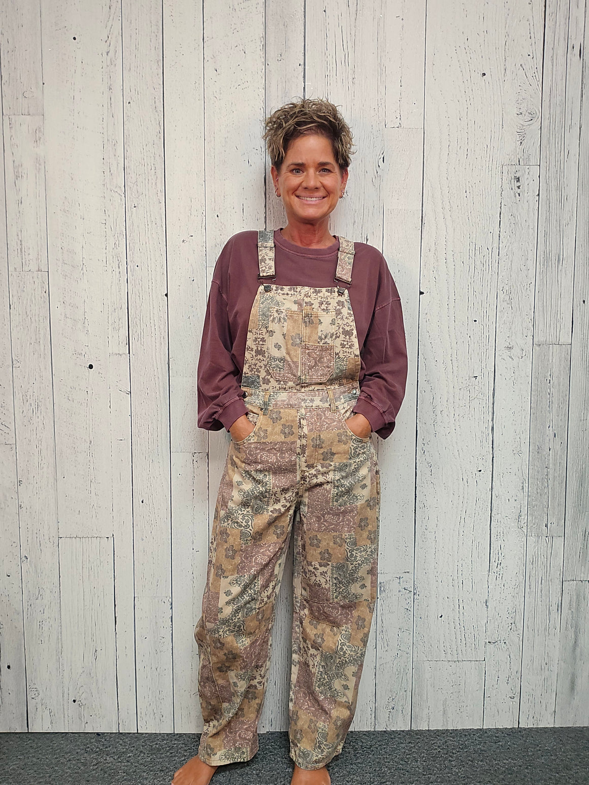 Washed Vintage Boho Print Twill Denim Overall