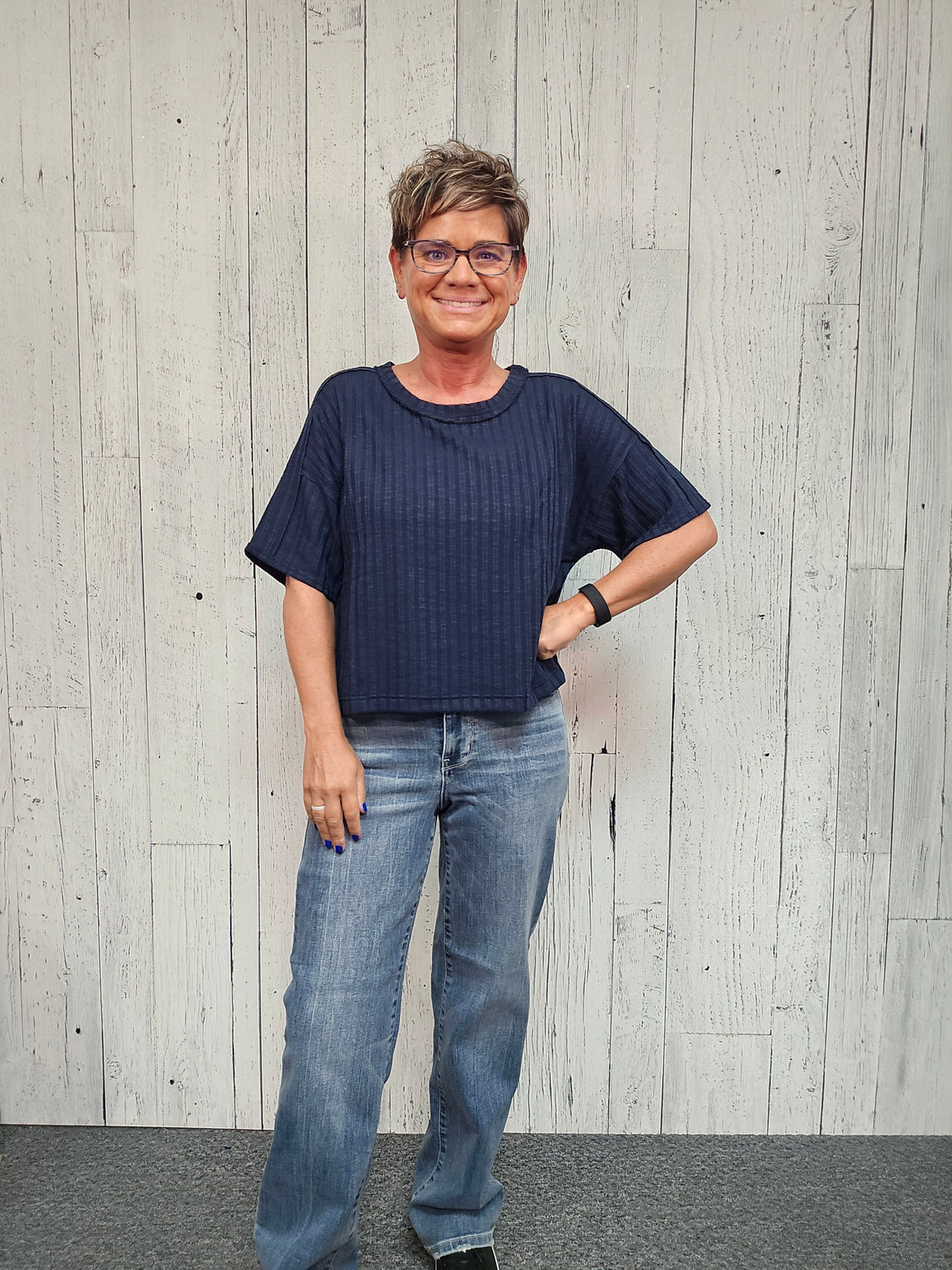 Ribbed Short Sleeve Back Star Patch Boxy Knit Top