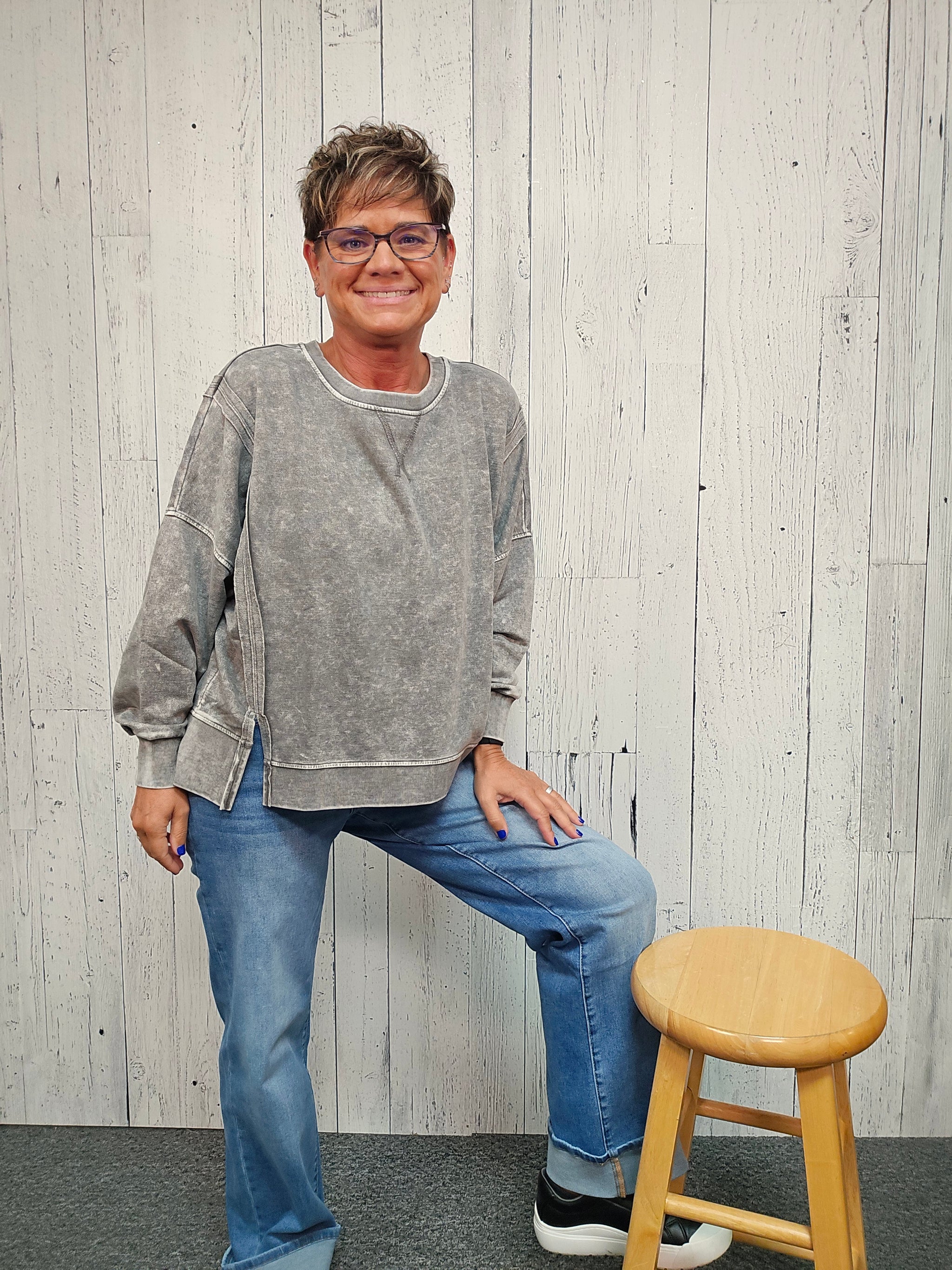 Acid Wash Long Sleeve Side Slit Knit Top