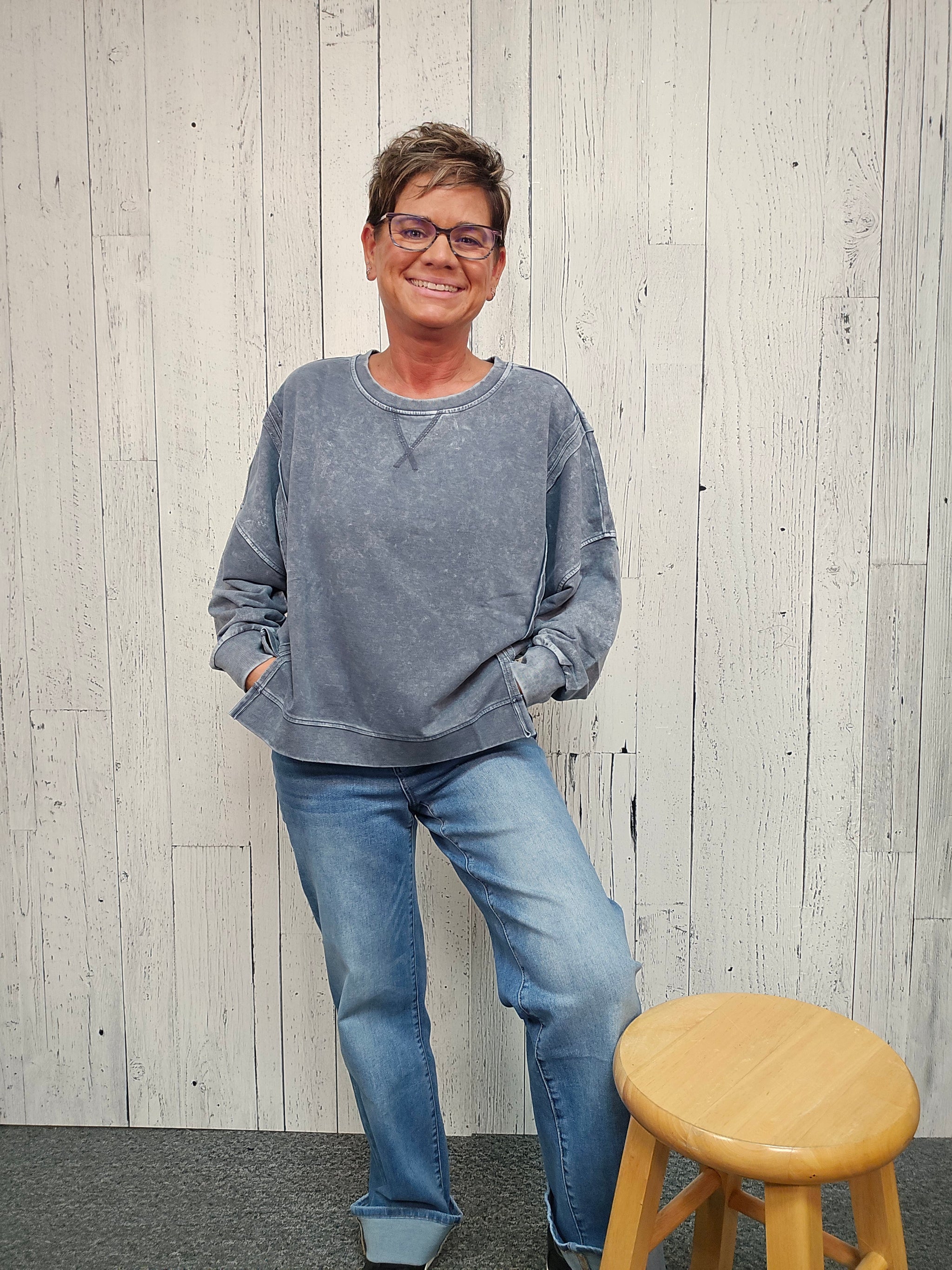 Acid Wash Long Sleeve Side Slit Knit Top (Copy)