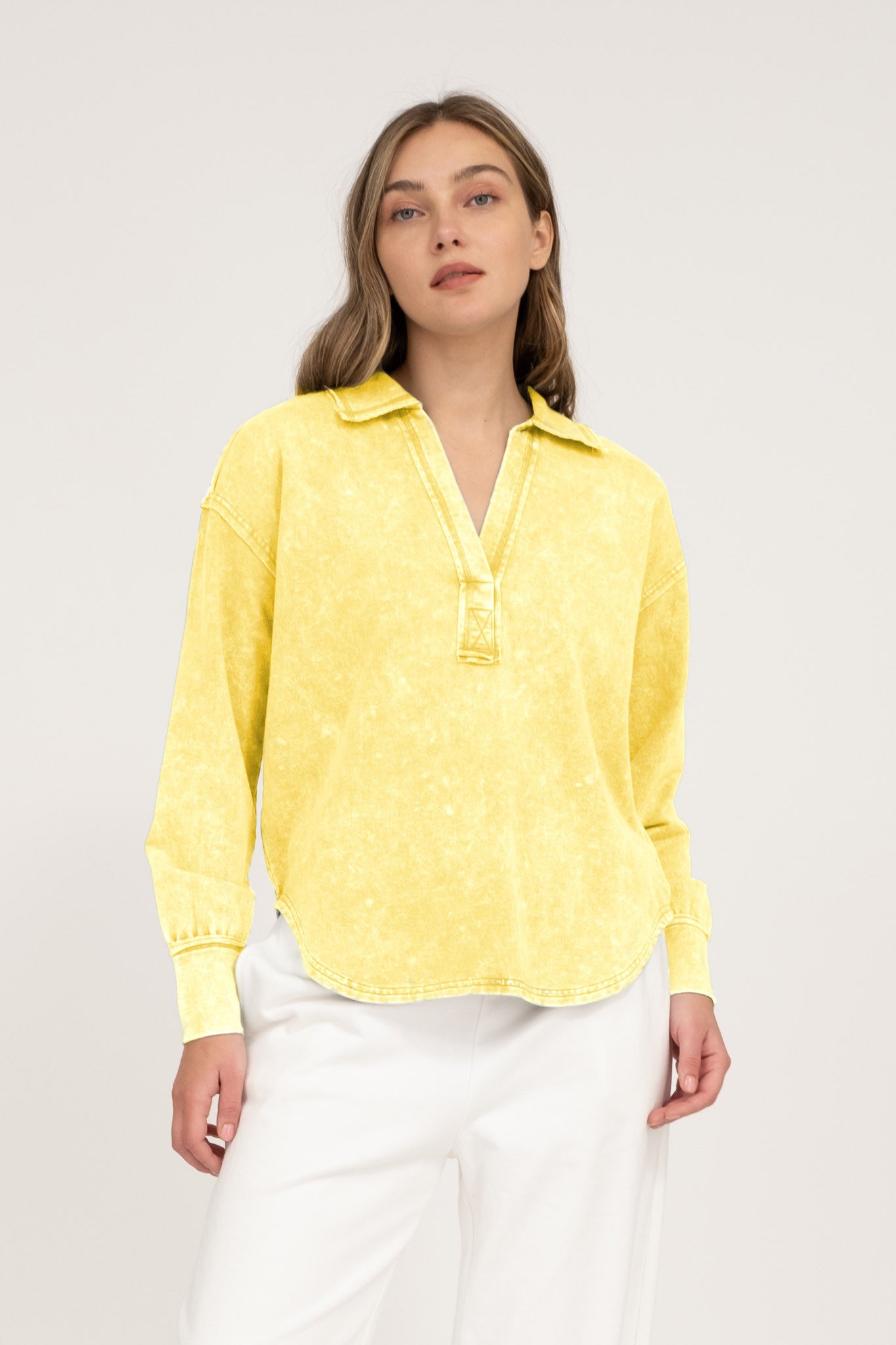 WASHED COLLARED LONG SLEEVE KNIT TOP - Jodi's Hometown Boutique