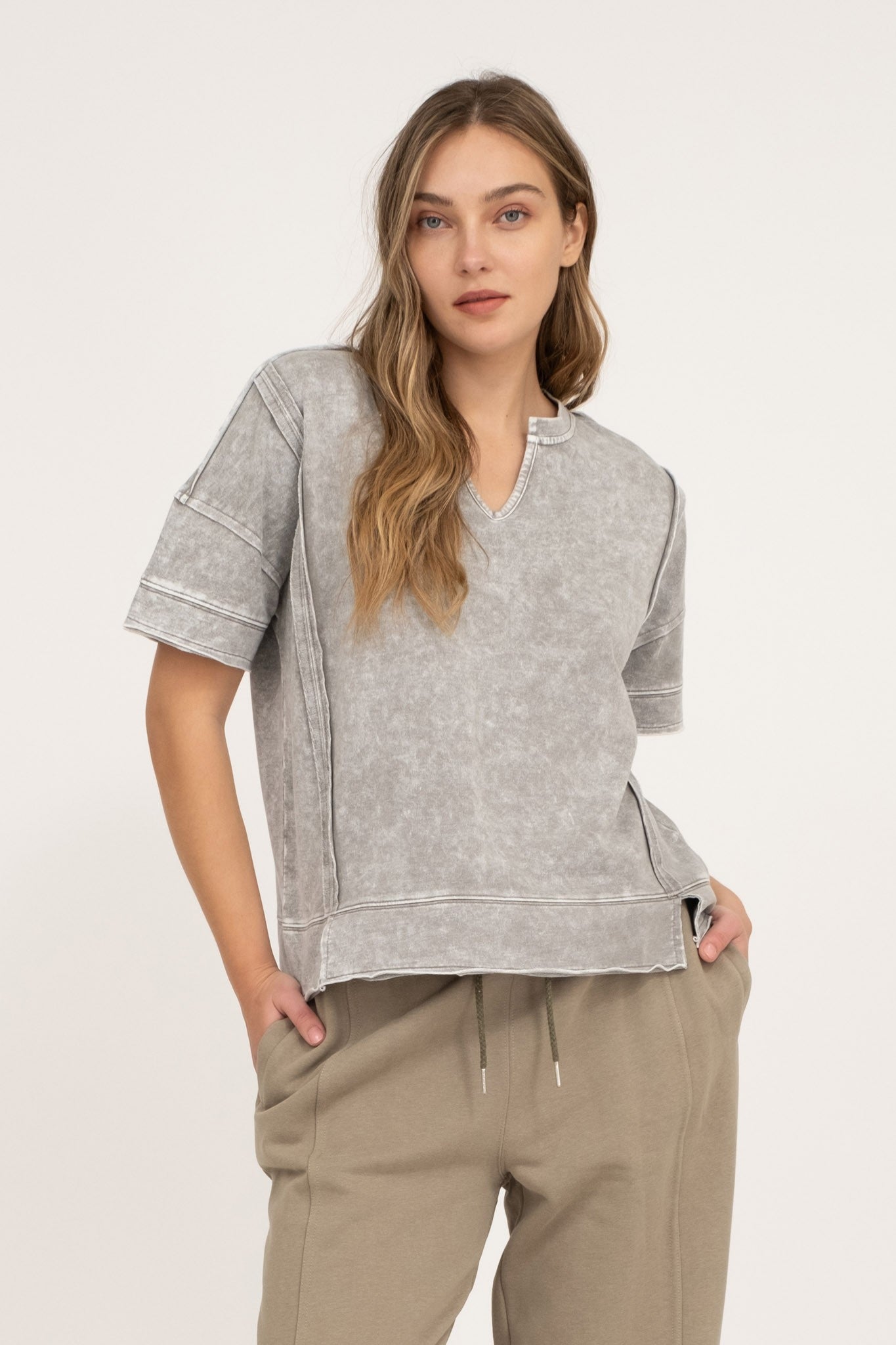WASHED SPLIT NECK PATCHWORK SHORT SLEEVE KNIT TOP - Jodi's