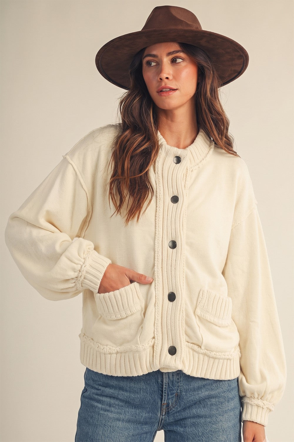 Washed Vintage Ribbed Knit Trim Cardigan Jacket