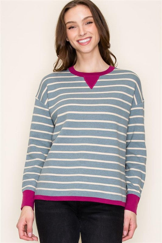 Oversized Stripe Contrast Rib Pullover