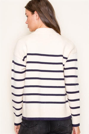 Striped Mock Neck Front Zipper Cardigan