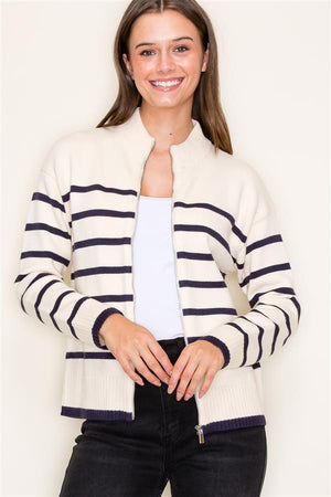 Striped Mock Neck Front Zipper Cardigan