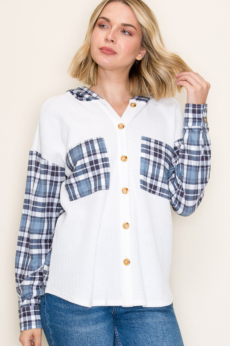 Plaid Contrast Waffle Knit Hoodie