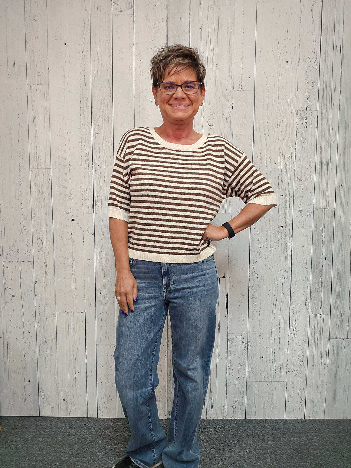 Stripe Contrast Trim Short Sleeve Knit Sweater